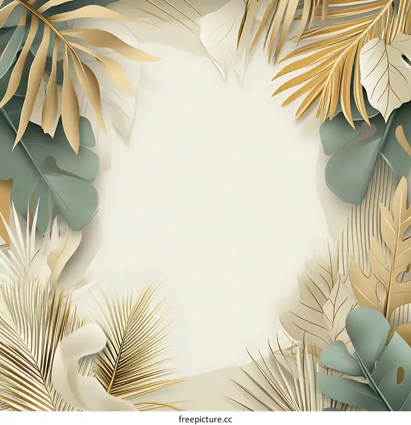 Golden and Green Tropical Leaves Frame Background