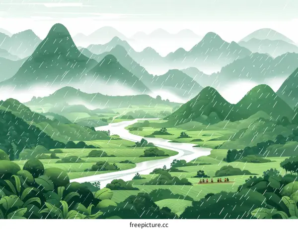 Illustration of a group of people walking through a valley with green mountains in the background