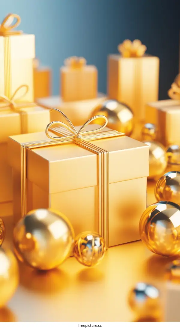 Golden Gift Boxes and Ornaments Festive Still Life