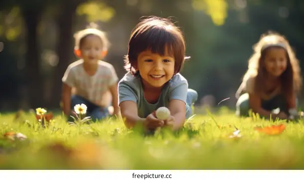 Three happy children playing in the park