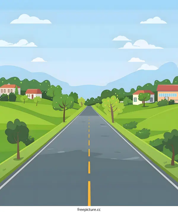 Country Road with Green Trees and Houses