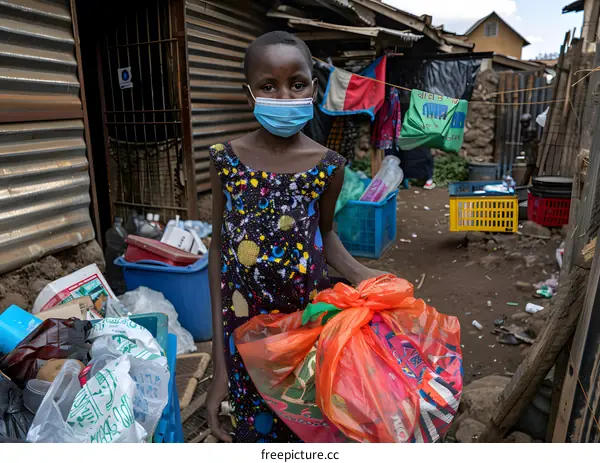 Young African Girl in Mask Holds Plastic Bags of Recycling