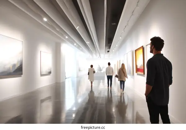 Modern Art Gallery Corridor with Visitors