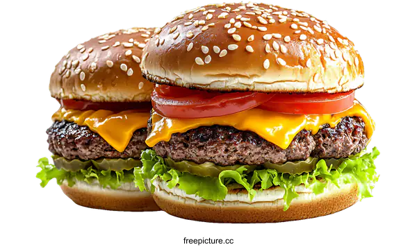 [Transparent Background PNG]Two Delicious Cheese Burgers on a White Background