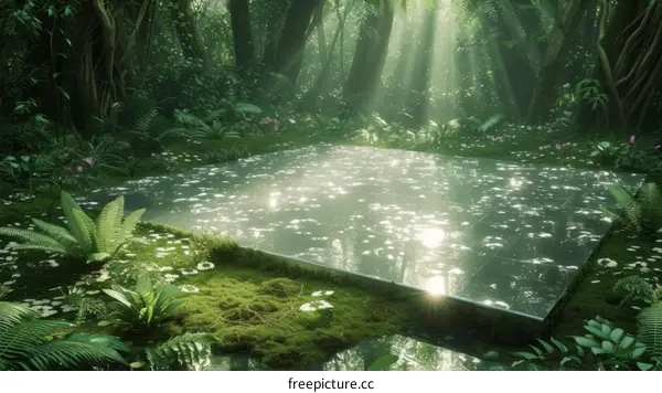 A surreal landscape with a reflective surface in the middle of a lush forest