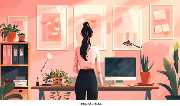 A woman standing in front of a computer in an office