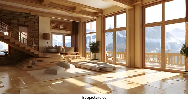 Modern Minimalist Living Room Interior Design With Wooden Beams And Large Windows