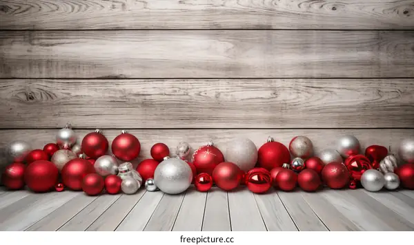 Red and Silver Balls Christmas Ornaments on Wood