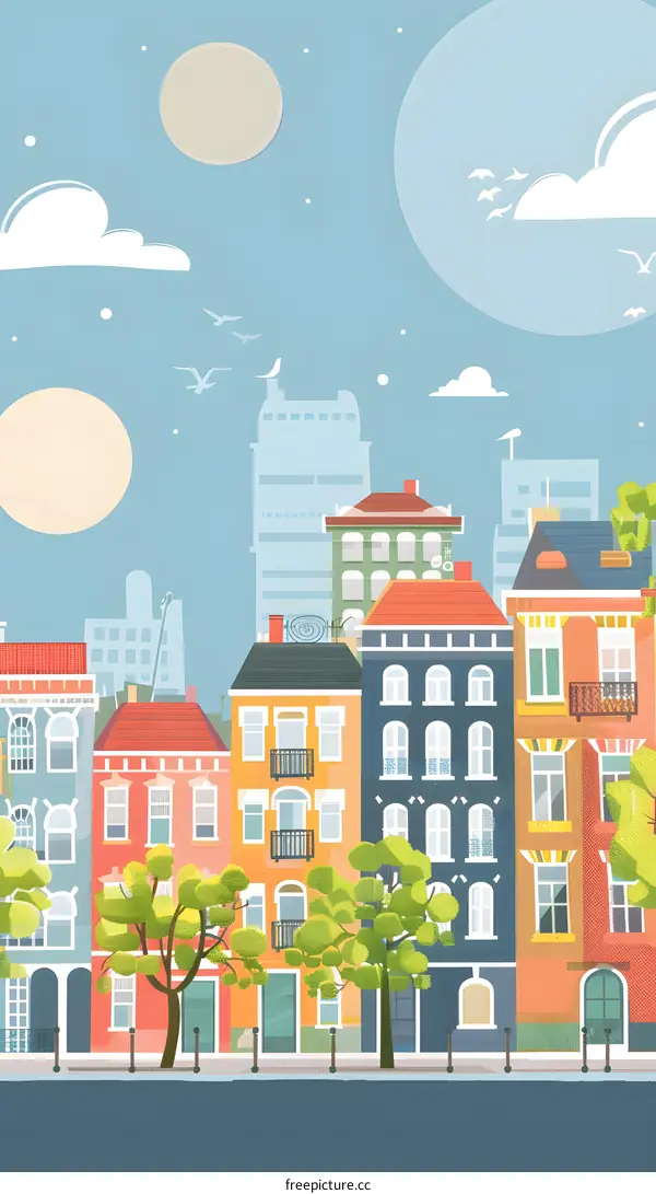 Colorful Cartoon Cityscape Illustration With Sun And Clouds