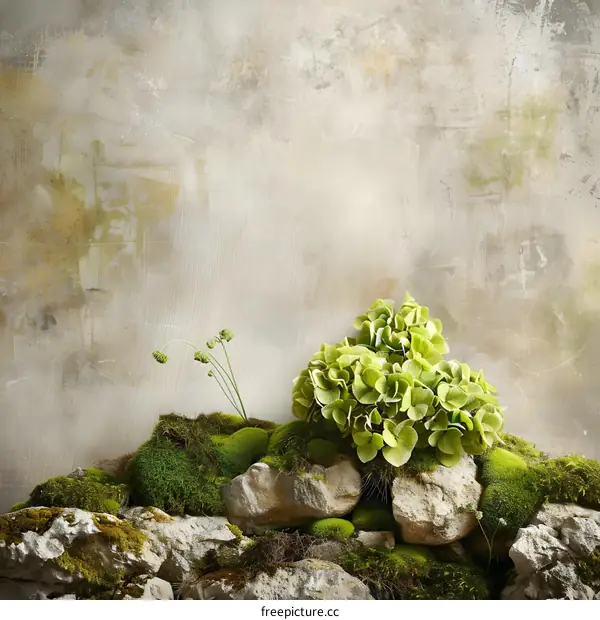 Green Plants and Moss on Stones with a Grunge Background