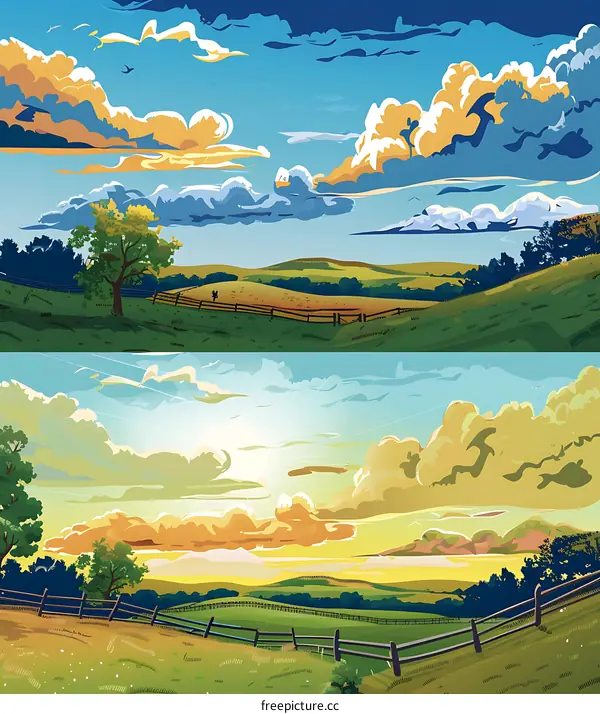 Scenic Landscape with Rolling Hills and Fence