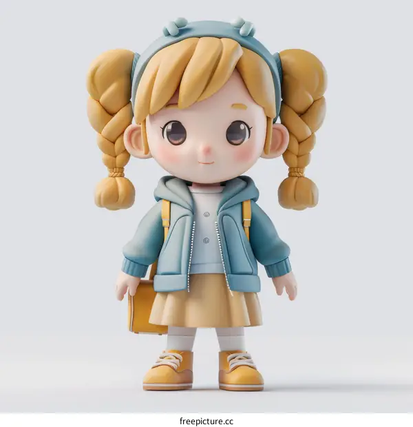 3D illustration of a cute blonde girl in a blue hoodie and yellow skirt
