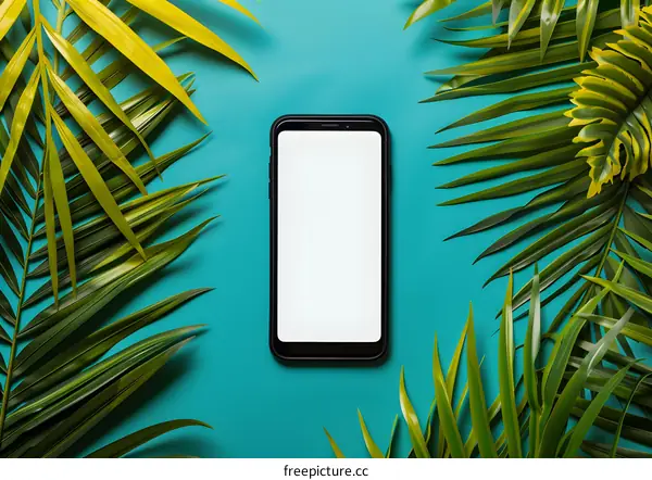 Smartphone with Blank Screen and Tropical Palm Leaves on Turquoise Background