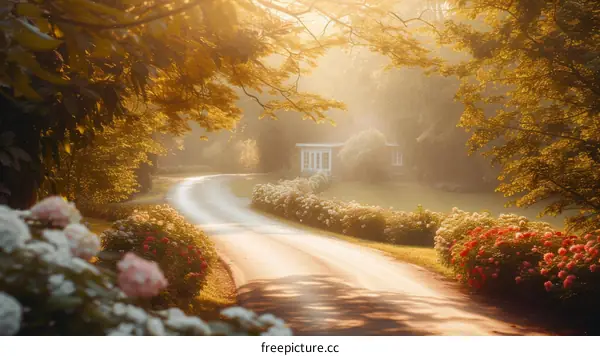 Country road in autumn with trees and flowers