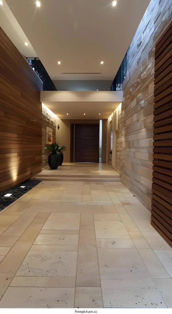 Modern Entrance with Stone and Wood Walls