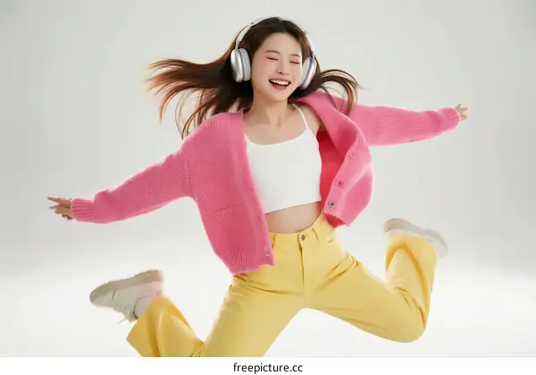 A young woman jumping with earphones on enjoying music