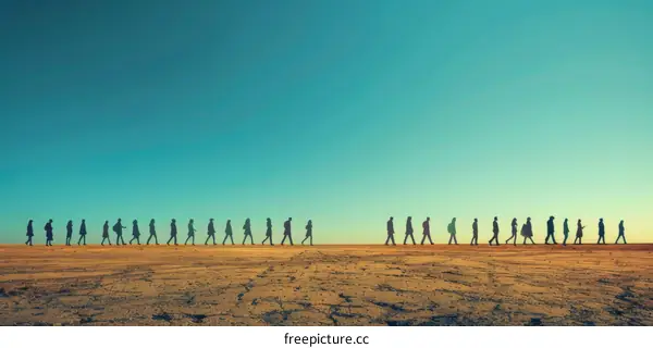 People walking in a line across the desert