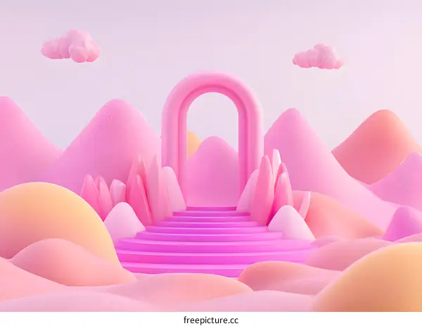Pink Abstract Landscape With Arch And Steps