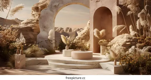 Minimalist Desert Garden with Stone Arches and White Flowers