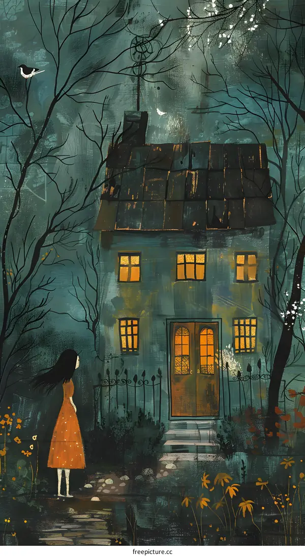 girl in orange dress looking at a haunted house