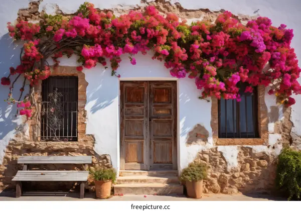 Pink Flowers Climbing over a Rustic Wooden Door in Santorini