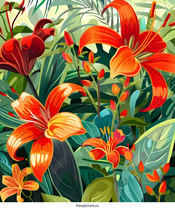 Orange Lilies and Green Leaves Tropical Floral Pattern Illustration