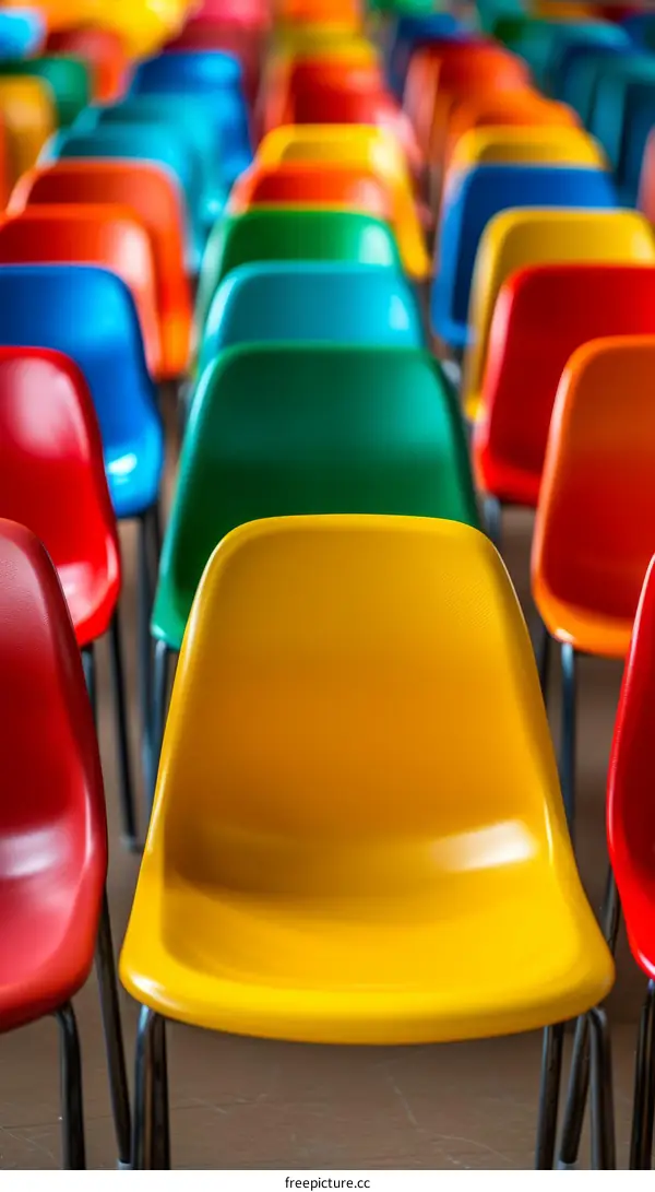 Rows of colorful empty plastic chairs in an auditorium