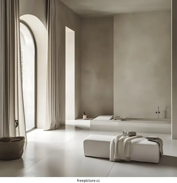 Minimalist Bathroom Interior Design with Beige Walls and White Bathtub