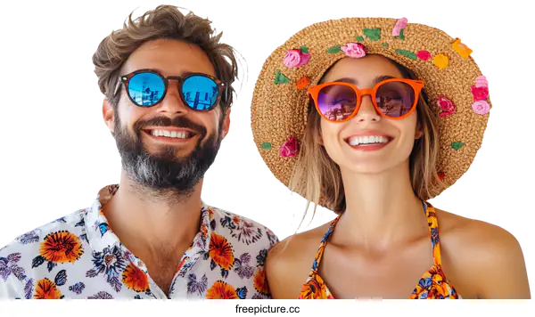 [Transparent Background PNG]Smiling Couple in Sunglasses and Hats