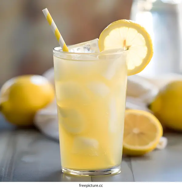 Glass of Iced Lemonade with Lemon Wedge and Straw