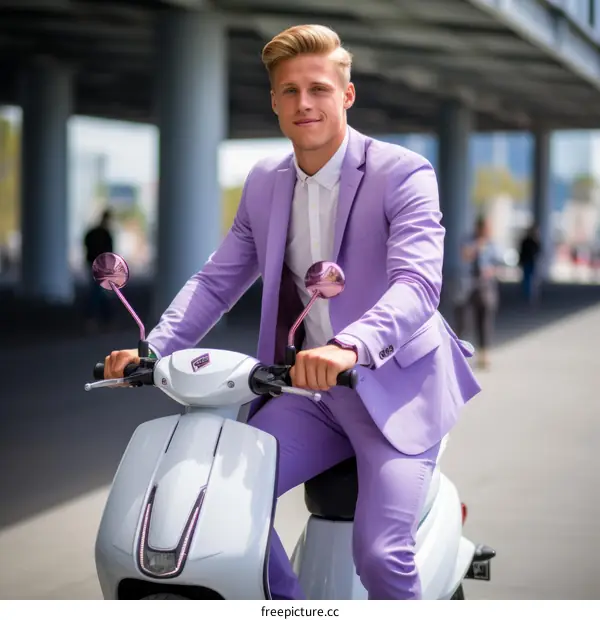 Young professional man in a purple suit rides an electric scooter through a city