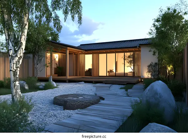 Japanese Style Garden Design with Stone Pathway and Wooden Deck