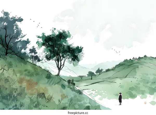 Green Watercolor Landscape Painting with Single Asian Figure