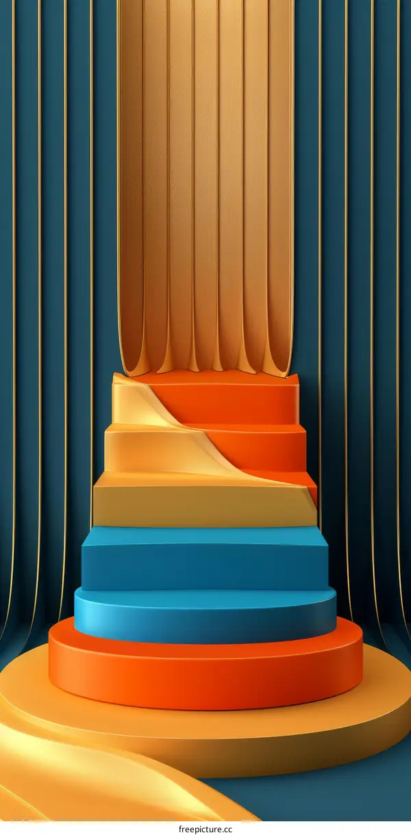 3D Podium with Stairs and Golden Curtain