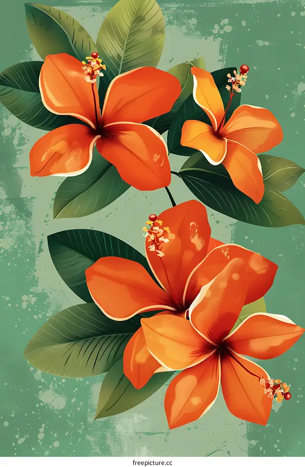 Orange Hibiscus Flowers with Green Leaves on a Blue Background
