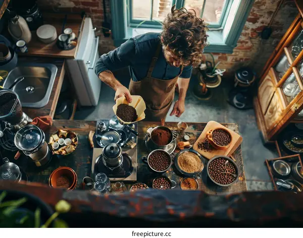 Bearded man making coffee