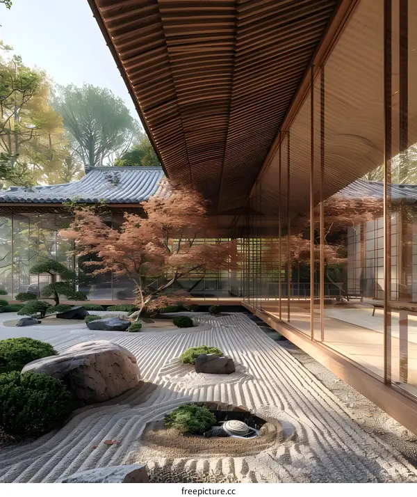 Traditional Japanese Zen Garden with Autumn Colors