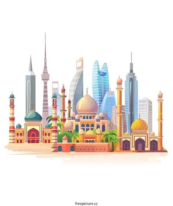Colorful Illustration of a Middle Eastern City Skyline