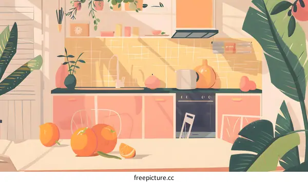 Kitchen Illustration with Sunlight and Tropical Plants
