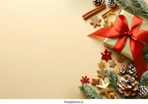 Christmas Gift Box and Decorations on Gold Background