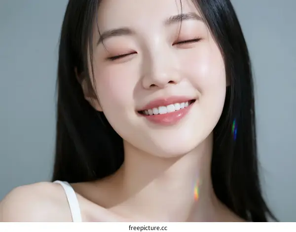 A Young Asian Woman with Closed Eyes and Bright Smile