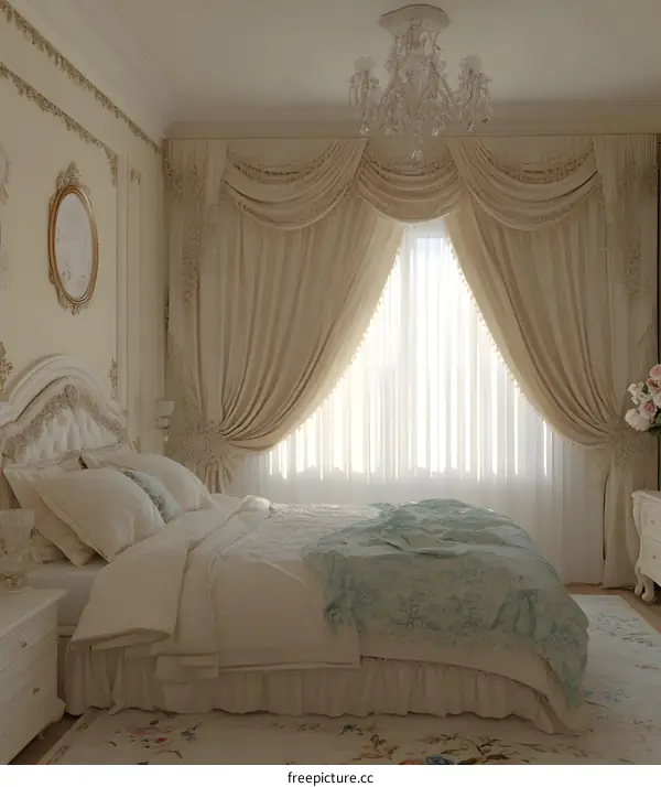 Luxury Bedroom Interior Design with Elegant Curtains and Chandelier
