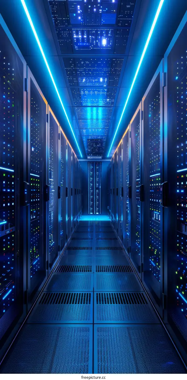 Blue neon lights illuminate futuristic server room with rows of supercomputers.