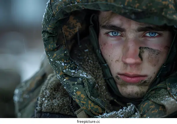 Portrait of a young soldier in winter uniform