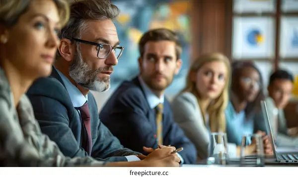 A group of people are sitting around a table having a meeting