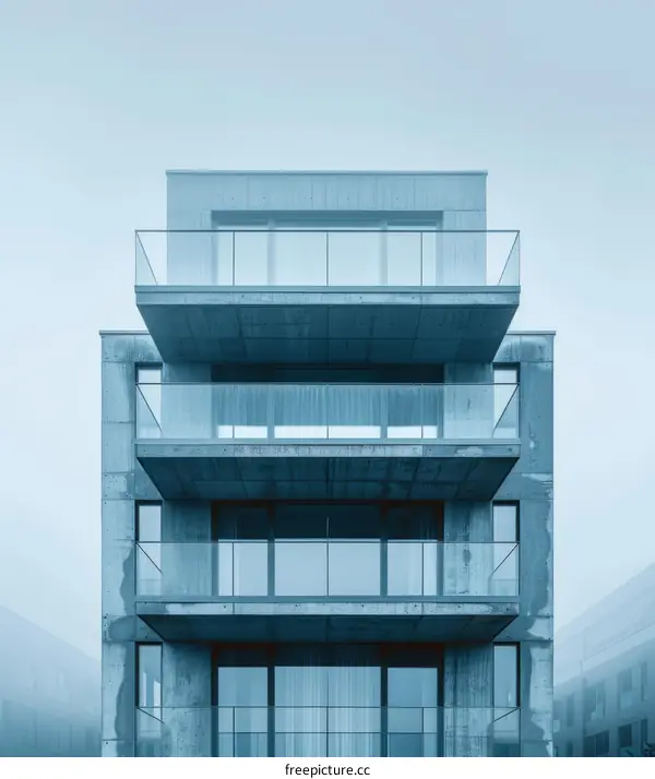 Blue concrete apartment building with glass balconies