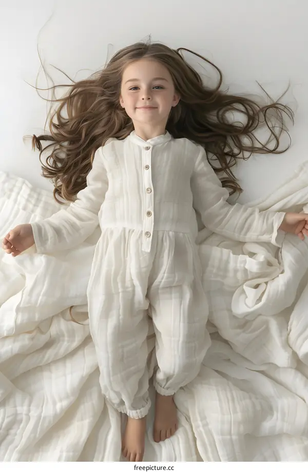 Little Girl Lying on a White Blanket