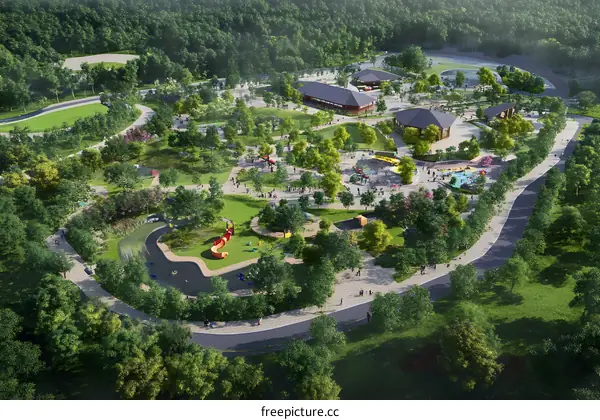 Aerial View of a Park with Playground and People