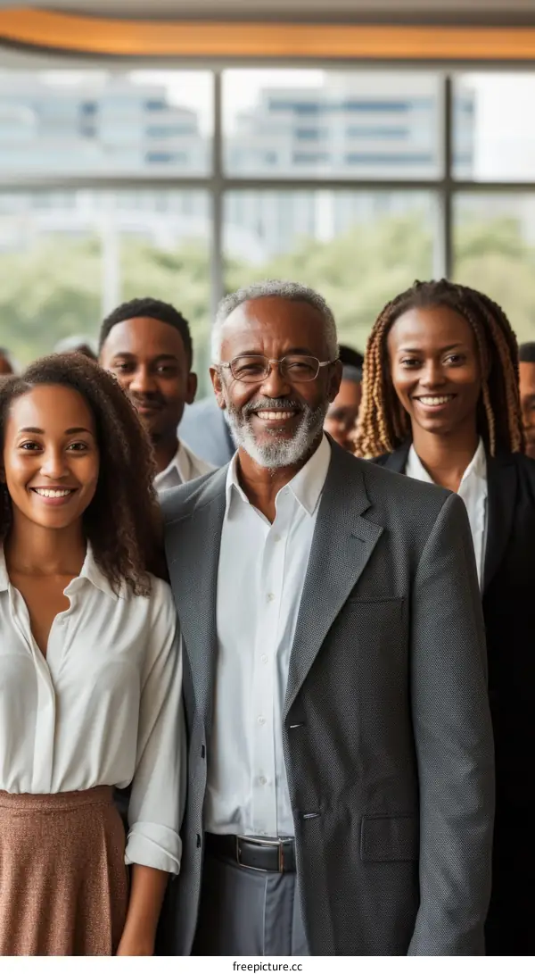 Group of smiling business professionals posing in an office