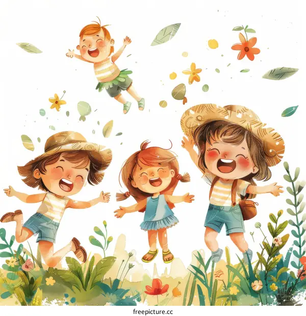 Four happy children are jumping in the meadow